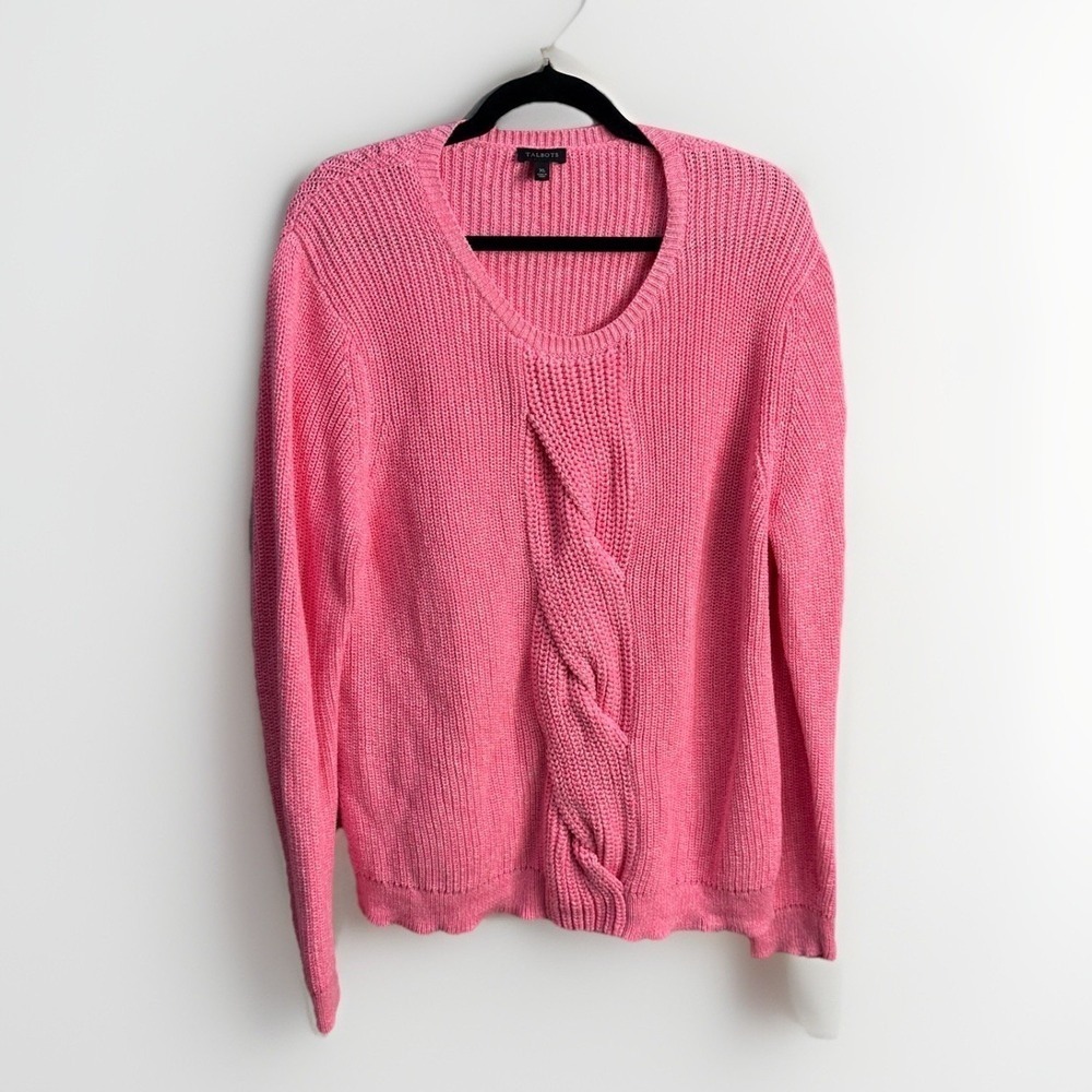 Talbots Cable Knit Sweater Womens XL‎ Marled Pink Rib Twist Preppy Classic Crew